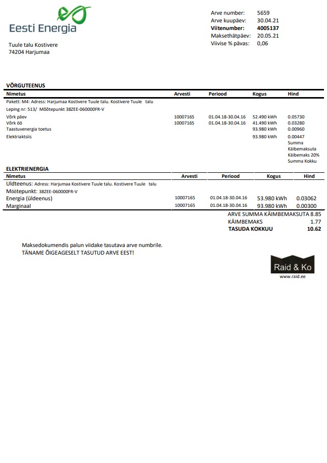 Estonia Eesti Energia electricity utility bill template in Word and PDF format